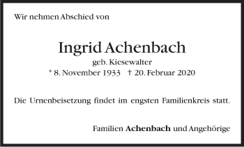 Traueranzeige von Ingrid Achenbach von Stuttgarter Zeitung / Stuttgarter Nachrichten