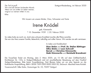 Traueranzeige von Irene Knödel von Stuttgarter Zeitung / Stuttgarter Nachrichten