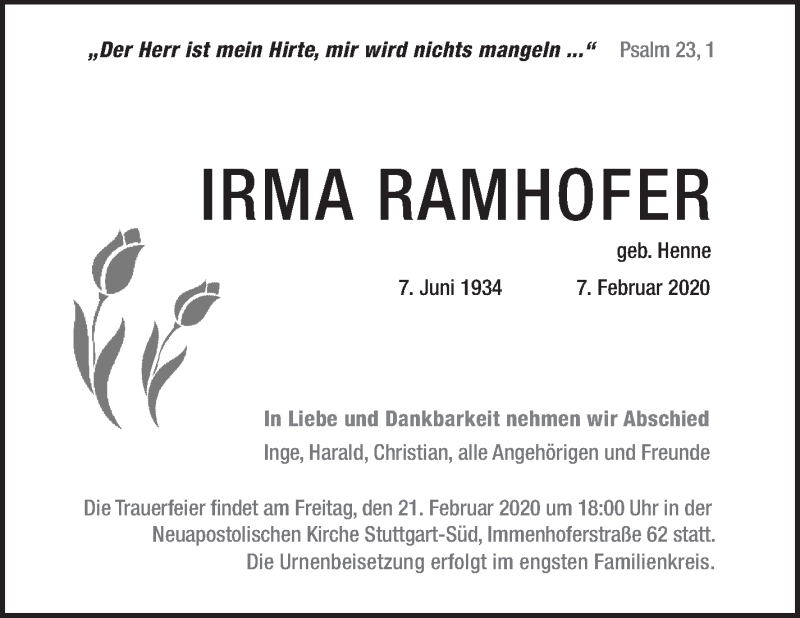  Traueranzeige für Irma Ramhofer vom 15.02.2020 aus Stuttgarter Zeitung / Stuttgarter Nachrichten