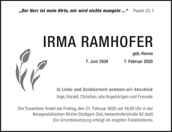 Traueranzeige von Irma Ramhofer von Stuttgarter Zeitung / Stuttgarter Nachrichten