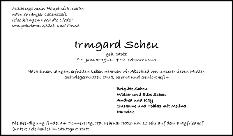  Traueranzeige für Irmgard Scheu vom 22.02.2020 aus Stuttgarter Zeitung / Stuttgarter Nachrichten