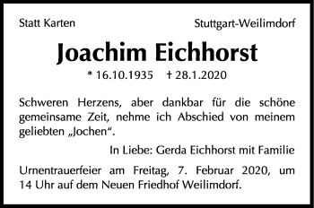 Traueranzeige von Joachim Eichhorst von Stuttgarter Zeitung / Stuttgarter Nachrichten