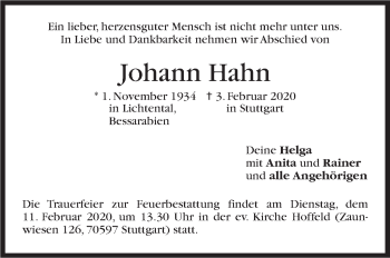 Traueranzeige von Johann Hahn von Stuttgarter Zeitung / Stuttgarter Nachrichten
