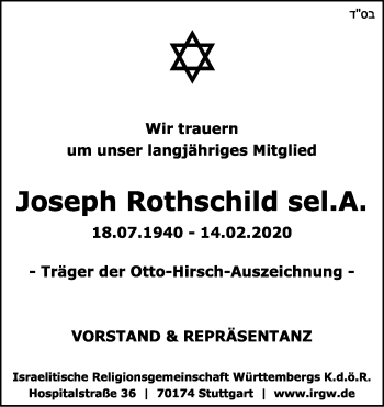 Traueranzeige von Joseph Rothschild von Stuttgarter Zeitung / Stuttgarter Nachrichten