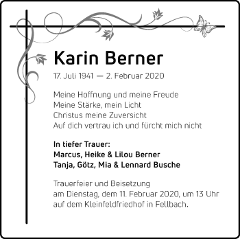 Traueranzeige von Karin Berner von Stuttgarter Zeitung / Stuttgarter Nachrichten