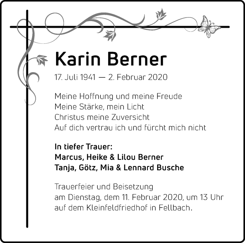  Traueranzeige für Karin Berner vom 08.02.2020 aus Stuttgarter Zeitung / Stuttgarter Nachrichten