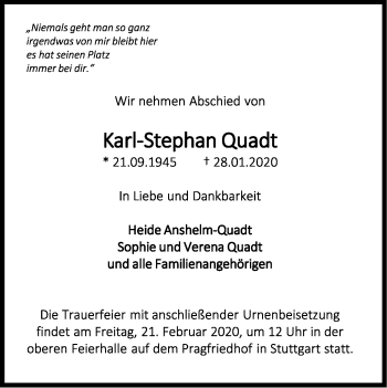 Traueranzeige von Karl-Stephan Quadt von Stuttgarter Zeitung / Stuttgarter Nachrichten