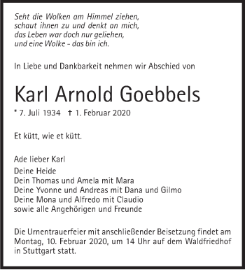 Traueranzeige von Karl Arnold Goebbels von Stuttgarter Zeitung / Stuttgarter Nachrichten