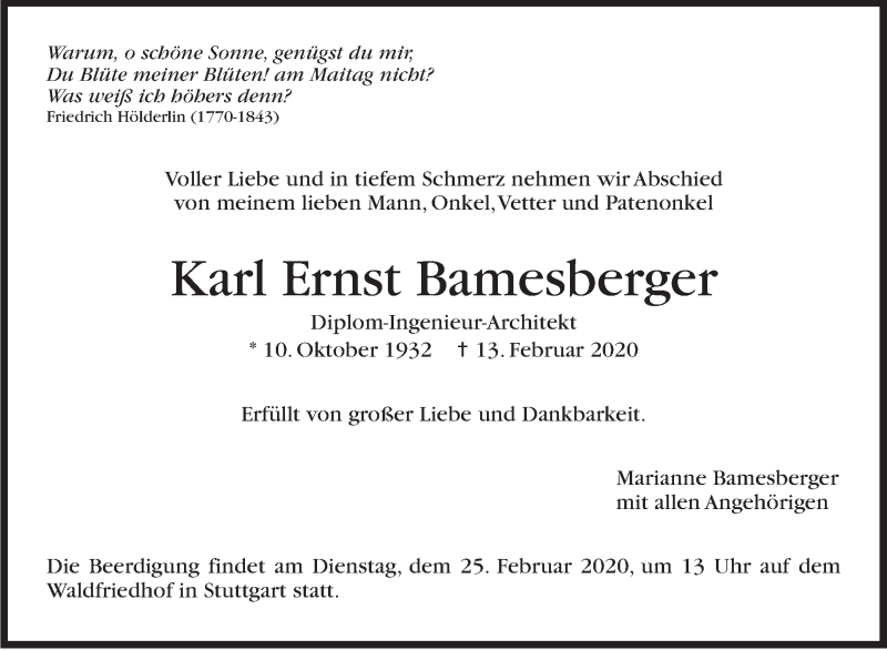  Traueranzeige für Karl Ernst Bamesberger vom 22.02.2020 aus Stuttgarter Zeitung / Stuttgarter Nachrichten