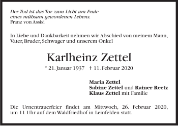 Traueranzeige von Karlheinz Zettel von Stuttgarter Zeitung / Stuttgarter Nachrichten
