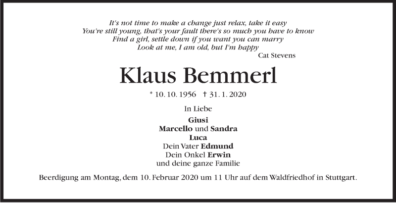  Traueranzeige für Klaus Bemmerl vom 05.02.2020 aus Stuttgarter Zeitung / Stuttgarter Nachrichten