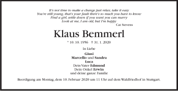 Traueranzeige von Klaus Bemmerl von Stuttgarter Zeitung / Stuttgarter Nachrichten