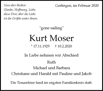 Traueranzeige von Kurt Moser von Stuttgarter Zeitung / Stuttgarter Nachrichten