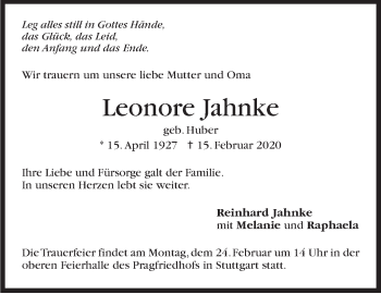 Traueranzeige von Leonore Jahnke von Stuttgarter Zeitung / Stuttgarter Nachrichten