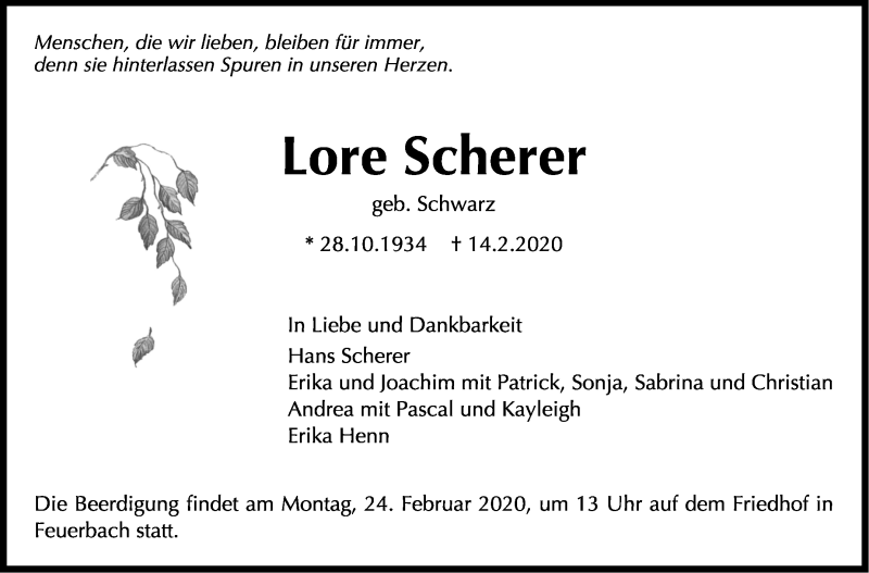 Traueranzeige für Lore Scherer vom 18.02.2020 aus Stuttgarter Zeitung / Stuttgarter Nachrichten