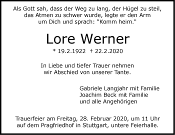 Traueranzeige von Lore Werner von Stuttgarter Zeitung / Stuttgarter Nachrichten