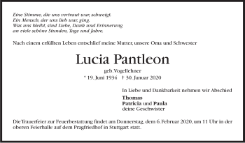 Traueranzeige von Lucia Pantleon von Stuttgarter Zeitung / Stuttgarter Nachrichten