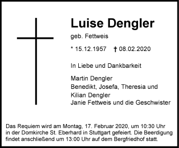 Traueranzeige von Luise Dengler von Stuttgarter Zeitung / Stuttgarter Nachrichten