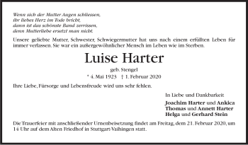 Traueranzeige von Luise Harter von Stuttgarter Zeitung / Stuttgarter Nachrichten