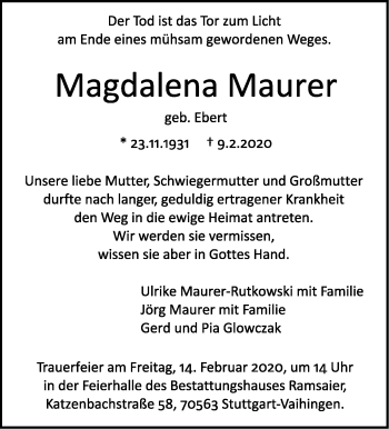 Traueranzeige von Magdalena Maurer von Stuttgarter Zeitung / Stuttgarter Nachrichten