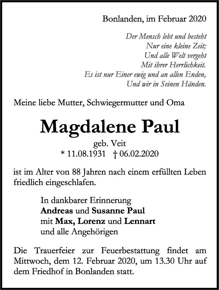  Traueranzeige für Magdalene Paul vom 08.02.2020 aus Stuttgarter Zeitung / Stuttgarter Nachrichten