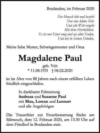 Traueranzeige von Magdalene Paul von Stuttgarter Zeitung / Stuttgarter Nachrichten