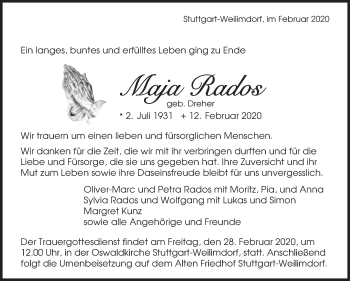 Traueranzeige von Maja Rados von Stuttgarter Zeitung / Stuttgarter Nachrichten