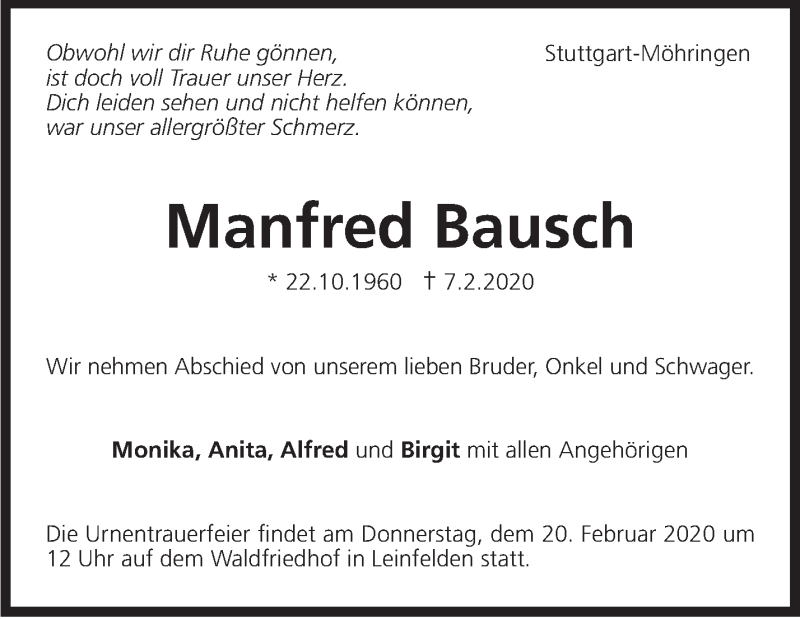  Traueranzeige für Manfred Bausch vom 15.02.2020 aus Stuttgarter Zeitung / Stuttgarter Nachrichten