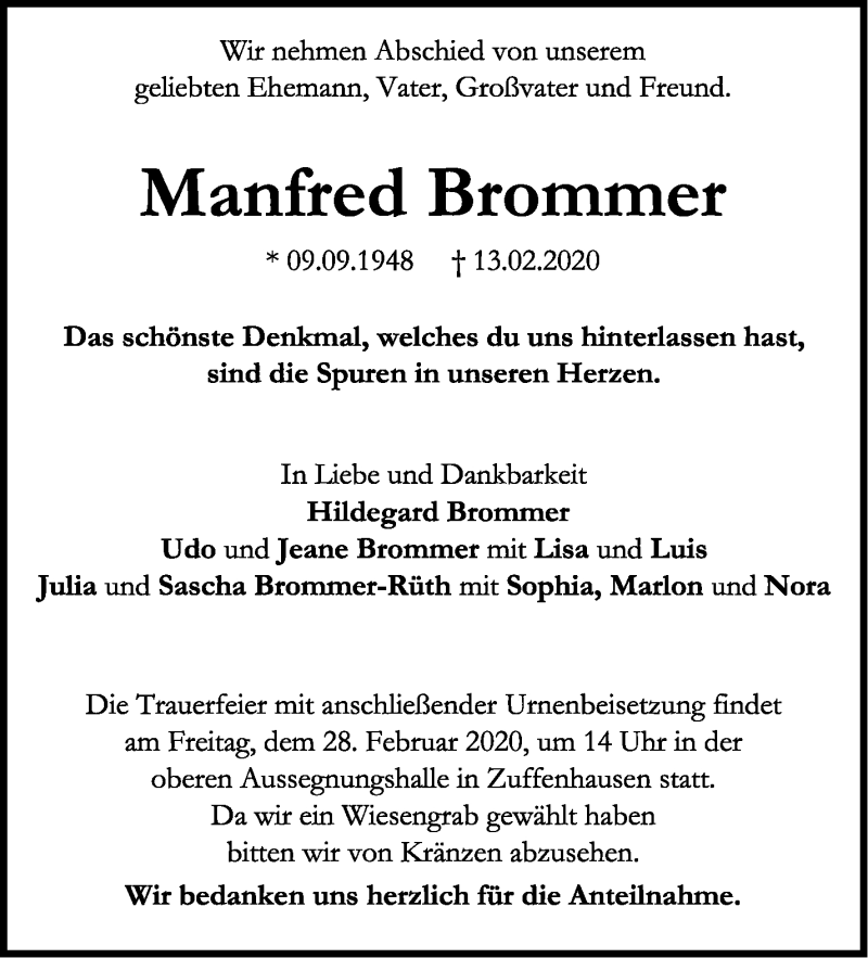  Traueranzeige für Manfred Brommer vom 22.02.2020 aus Stuttgarter Zeitung / Stuttgarter Nachrichten