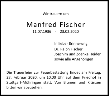 Traueranzeige von Manfred Fischer von Stuttgarter Zeitung / Stuttgarter Nachrichten