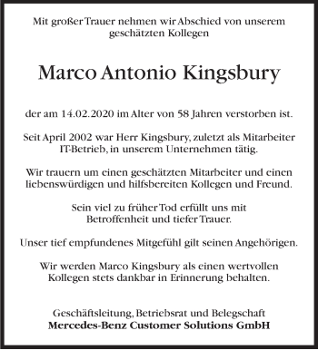 Traueranzeige von Marco Antonio Kingsbury von Stuttgarter Zeitung / Stuttgarter Nachrichten