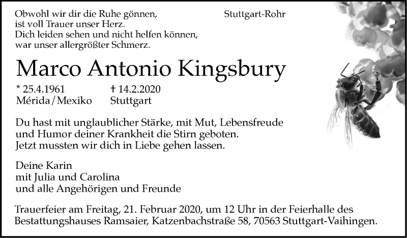  Traueranzeige für Marco Antonio Kingsbury vom 17.02.2020 aus Stuttgarter Zeitung / Stuttgarter Nachrichten