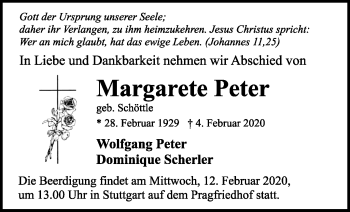Traueranzeige von Margarete Peter von Stuttgarter Zeitung / Stuttgarter Nachrichten