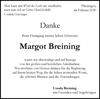 Traueranzeige von Margot Breining von Stuttgarter Zeitung / Stuttgarter Nachrichten