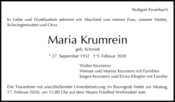 Traueranzeige von Maria Krumrein von Stuttgarter Zeitung / Stuttgarter Nachrichten