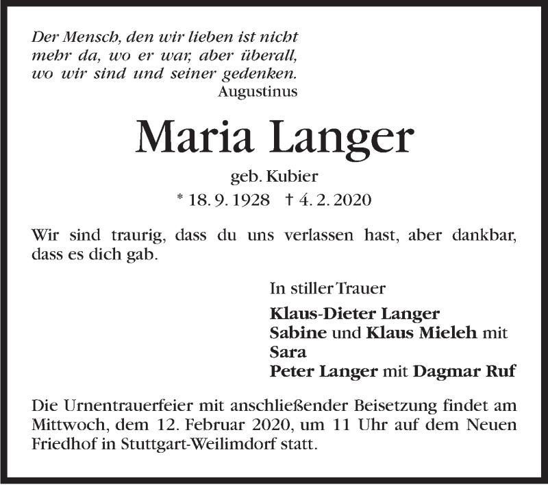  Traueranzeige für Maria Langer vom 08.02.2020 aus Stuttgarter Zeitung / Stuttgarter Nachrichten