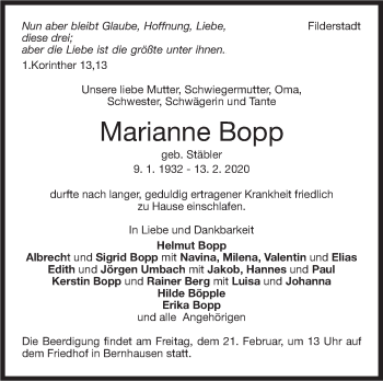 Traueranzeige von Marianne Bopp von Stuttgarter Zeitung / Stuttgarter Nachrichten