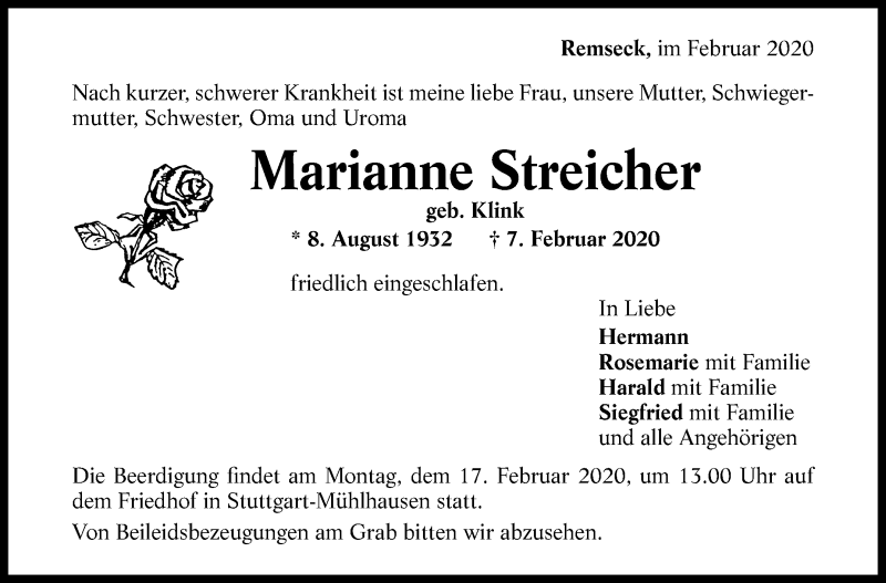  Traueranzeige für Marianne Streicher vom 14.02.2020 aus Stuttgarter Zeitung / Stuttgarter Nachrichten