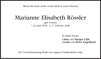 Traueranzeige von Marianne Elisabeth Rössler von Stuttgarter Zeitung / Stuttgarter Nachrichten