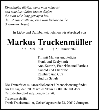 Traueranzeige von Markus Truckenmüller von Stuttgarter Zeitung / Stuttgarter Nachrichten