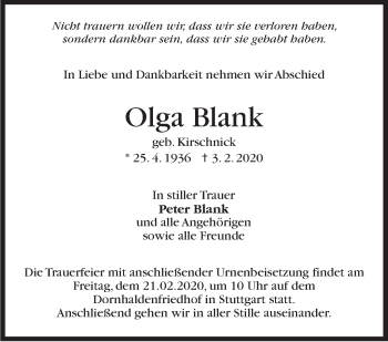 Traueranzeige von Olga Blank von Stuttgarter Zeitung / Stuttgarter Nachrichten
