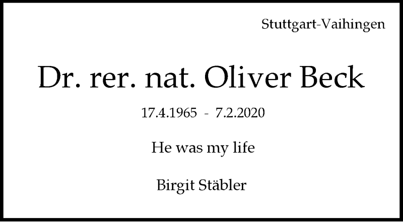  Traueranzeige für Oliver Beck vom 08.02.2020 aus Stuttgarter Zeitung / Stuttgarter Nachrichten