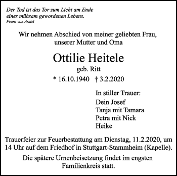 Traueranzeige von Ottilie Heitele von Stuttgarter Zeitung / Stuttgarter Nachrichten