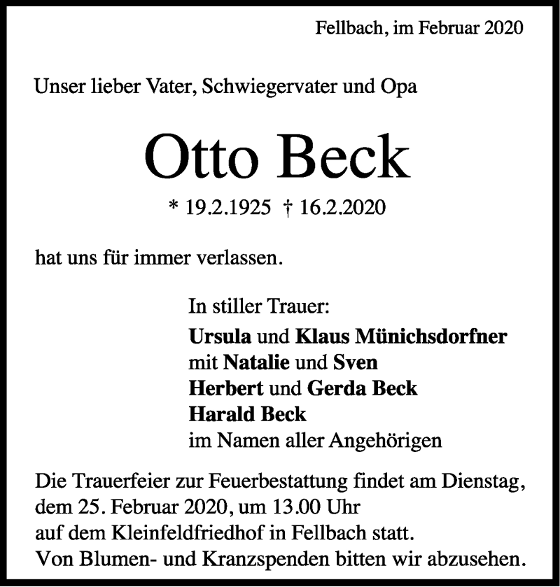  Traueranzeige für Otto Beck vom 20.02.2020 aus Stuttgarter Zeitung / Stuttgarter Nachrichten