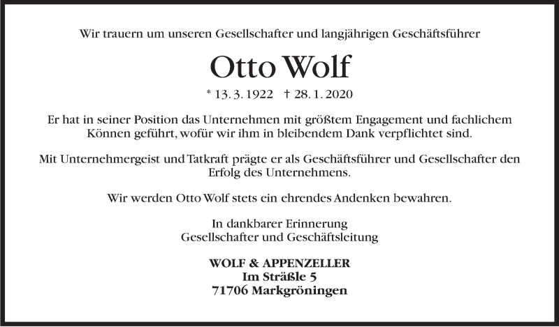  Traueranzeige für Otto Wolf vom 07.02.2020 aus Stuttgarter Zeitung / Stuttgarter Nachrichten