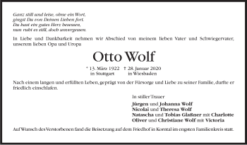 Traueranzeige von Otto Wolf von Stuttgarter Zeitung / Stuttgarter Nachrichten