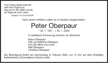 Traueranzeige von Peter Oberpaur von Stuttgarter Zeitung / Stuttgarter Nachrichten