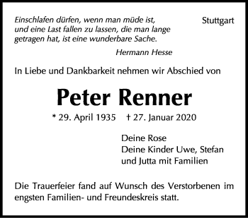 Traueranzeige von Peter Renner von Stuttgarter Zeitung / Stuttgarter Nachrichten