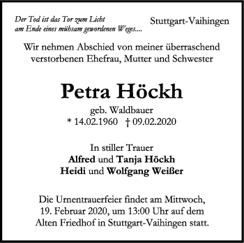Traueranzeige von Petra Höckh von Stuttgarter Zeitung / Stuttgarter Nachrichten