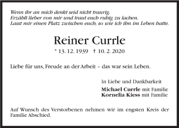 Traueranzeige von Reiner Currle von Stuttgarter Zeitung / Stuttgarter Nachrichten